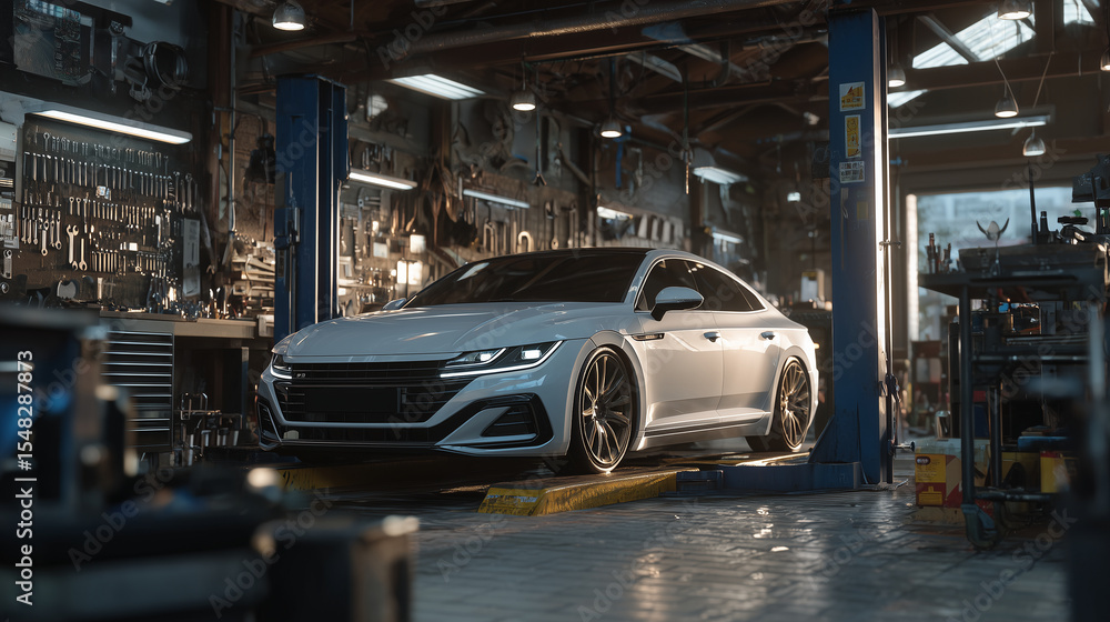 Fototapeta Sleek car without branding suspended mid-air on a hydraulic lift in a dimly lit industrial garage, metal tools glinting on the walls