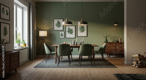 Elegant interior room with classic furniture and muted green walls