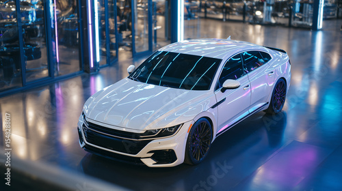 High-angle view of a car without badges elevated in a custom tuning garage, illuminated with colorful neon lights and metallic reflections