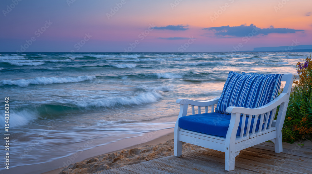 A single blue lounger facing calm sea at sunrise, soft waves glimmering in peach and lavender light, early morning solitude A single blue lounger facing calm sea at sunrise, soft waves glimmering in peach and lavender light, early morning solitude