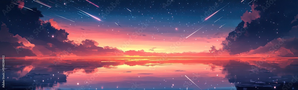 Fototapeta premium Colorful sunset over water with shooting stars
