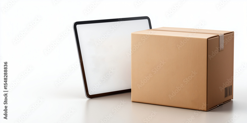 Obraz premium A cardboard box next to a tablet on a reflective surface. The tablet screen is blank, ready for your message