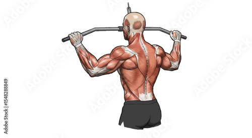 muscular male bodybuilder on letpull down 