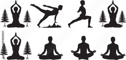 Seven Black Silhouette Yoga Poses Nature Setting Pine Trees Wellness Fitness silhouettes white