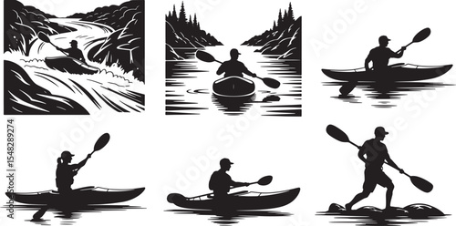Seven Black Silhouettes Kayakers Paddling Rivers and Lakes Scenic Nature Set kayaking paddle