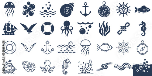 Set Nautical themed icons featuring sea creatures and marine symbols  
