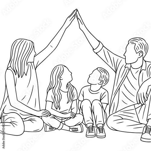 Family together forming a house symbol with hands in line art
