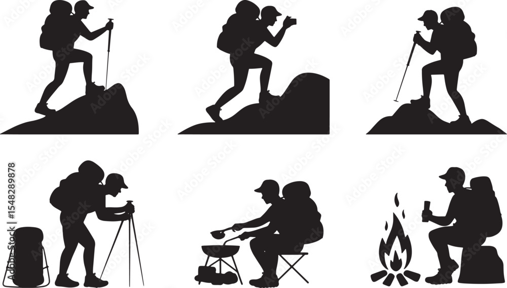 Obraz premium Six Black Silhouettes Backpackers Hiking Mountains Camping Cooking Fire vector