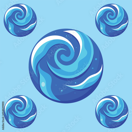 Stylized Blue Water Spheres with Swirling Wave Designs