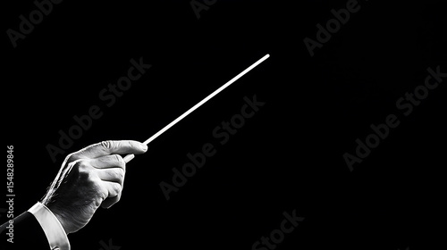 Conductor's hand poised with baton against a dark background, symbolizing direction, control, and the beauty of orchestral music in a monochromatic style.