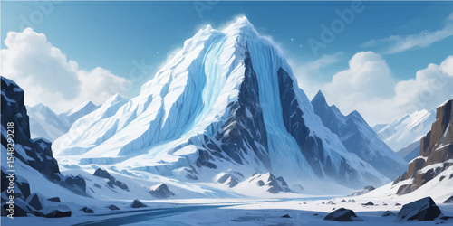 Winter mountain landscape with snowy peaks and a panoramic sky