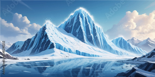 Snowy winter mountain landscape with high alpine peaks under a cloudy sky