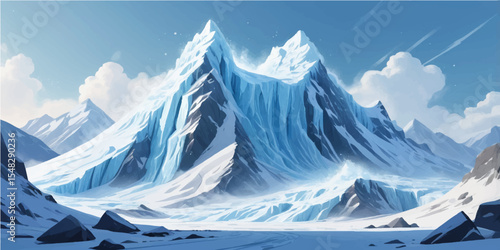 Panoramic views of majestic snow-capped peaks and glaciers dominate the cold, icy landscape