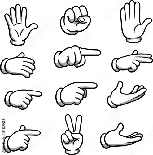  Cartoon Hands Vector Illustration Set: Expressive White Glove Gestures, Pointing, Waving, Victory Sign, and Cupped Hand Collection for Diverse Design Projects
