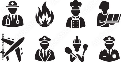 Eight Black Silhouette Icons Depicting Diverse Occupations Doctor Chef Pilot Police Officer Airplane Flame Cook