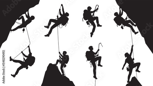 Eight Black Silhouettes of Climbers Ascending and Descending Rocky Mountains Using Ropes and Climbing Gear