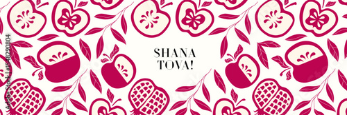 Shana Tova greeting card hand drawn trendy stye for Rosh Hashanah holidays, Jewish New Year. Pomegranate, apple, leaves vector