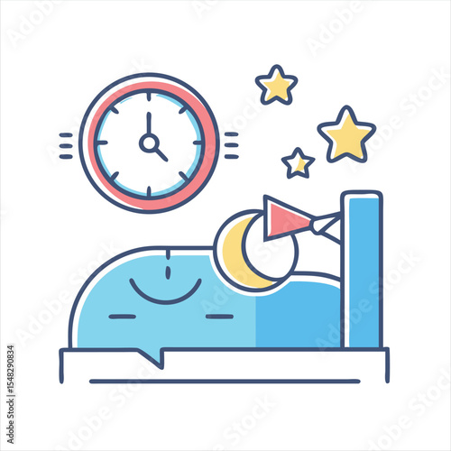 Illustration depicting sleep time featuring a clock, stars and a dreamer
