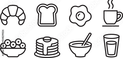 Seven Black Line Art Breakfast Food Icons Croissant Toast Fried Egg Coffee Cereal Pancakes Porridge Juice