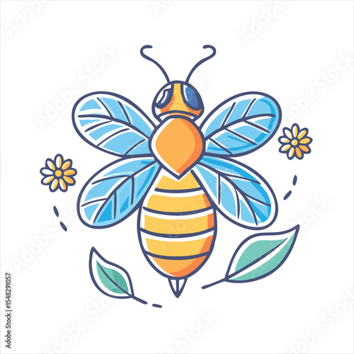 Stylized illustration of a bee surrounded by flowers and leaves on white