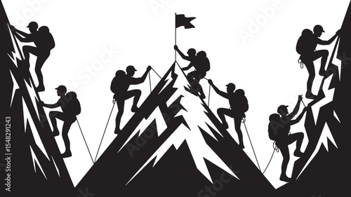 Black And White Silhouette Graphic Of Mountain Climbers Ascending A Peak With A Flag climbing