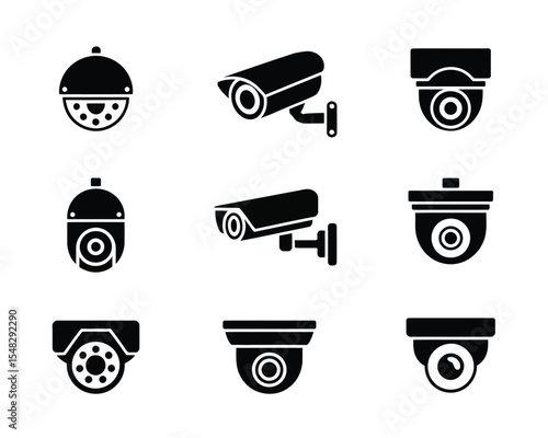Surveillance Camera Set: A graphic set showcases diverse security cameras, capturing various designs and technological advancements in monitoring. 