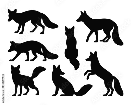 Fox Silhouette Collection: A series of sleek black fox silhouettes in various poses, showcasing the cunning creature's elegance, movement and versatility, making it a versatile visual asset.