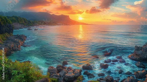 The sun rises over the ocean on Jeju Island with a soft golden color.