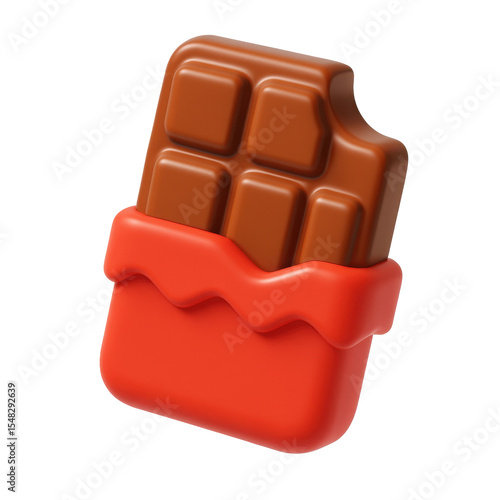 3d icon of a plastic-style chocolate bar with a red wrapper, showcasing a modern and playful design that appeals to chocolate lovers and candy enthusiasts