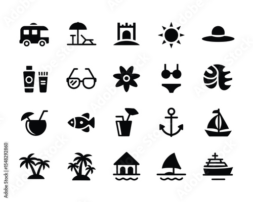 Summer Icon Set: A set of various icons that represent summer activities. Each symbol is crisp and clear on a clean background.