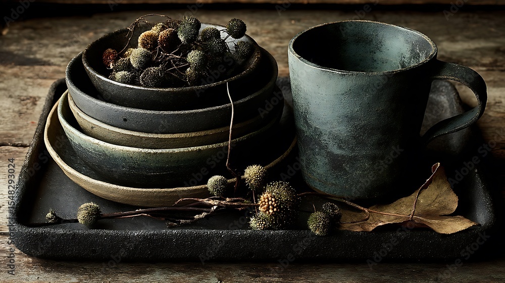 a stack of pottery bowls and a mug sit on a dark, textured rectangular tray placed on a rustic surface a stack of pottery bowls and a mug sit on a dark, textured rectangular tray placed on a rustic surface