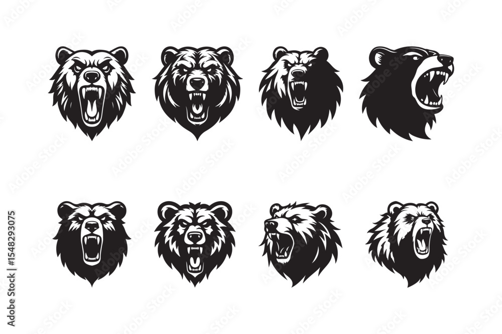 Fototapeta premium Roaring Bear Head Mascot Vector Set in Black and White Style