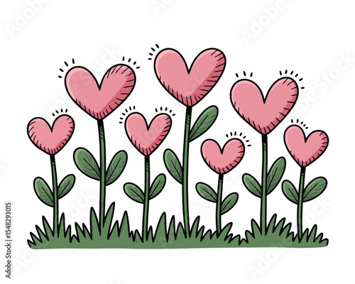 Love garden illustration, charming nature artwork featuring heart shaped flowers celebrating love romance emotional warmth and floral beauty.