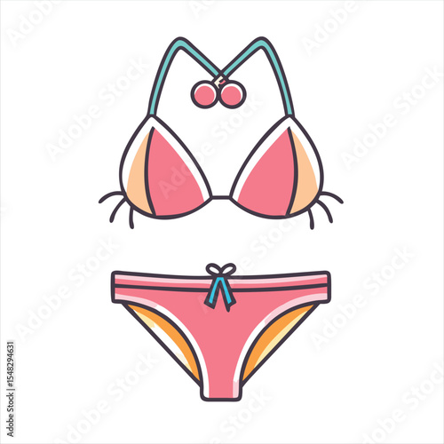 Cute pink bikini with blue straps and bow on a white background