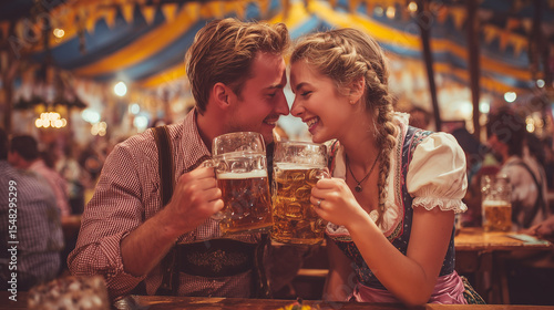 Happy couple wearing traditional clothes toasting with beer mugs at Oktoberfest in Germany