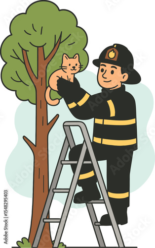 Firefighter rescuing a cat from a tree. Vector illustration for lifestyle, public service, care, heroism and youth culture themes