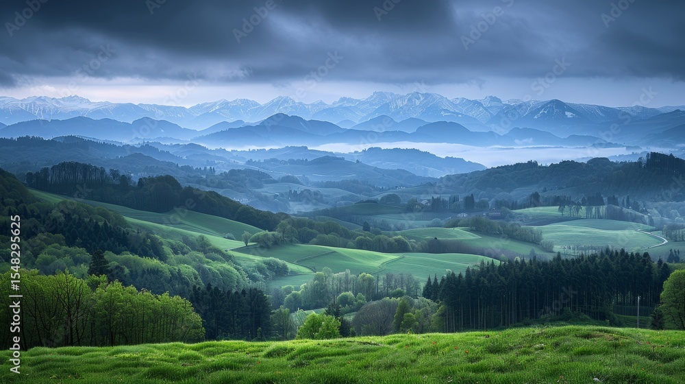 Fototapeta premium Stunning swiss alps lush valleys, scenic meadows, and snow capped peaks in switzerland
