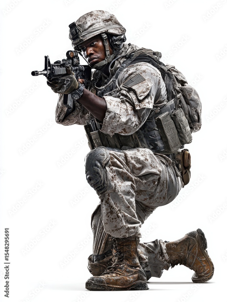 Military soldier kneeling aiming a gun isolated Military soldier kneeling aiming a gun isolated