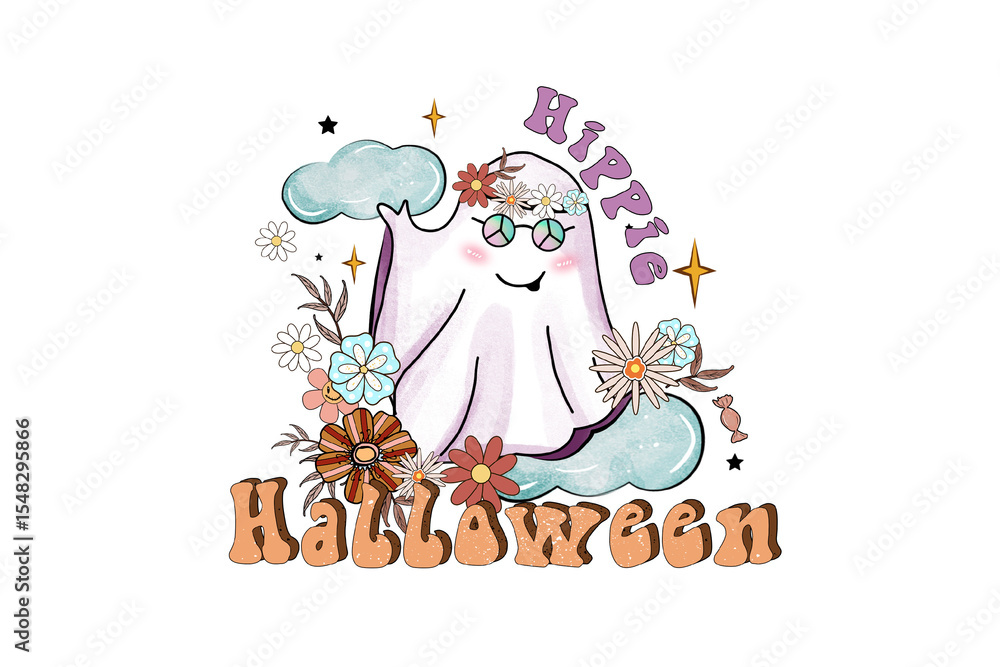 Naklejka premium Hippie halloween with ghost and flowers isolated on transparent background