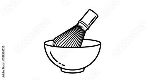 Line Art Illustration of Matcha Whisk in Bowl:  A simple black line drawing of a traditional Japanese matcha whisk resting inside a bowl, ready for use.