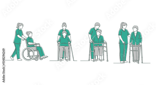 Line Art Illustration of Nurse Assisting Patients with Mobility Devices