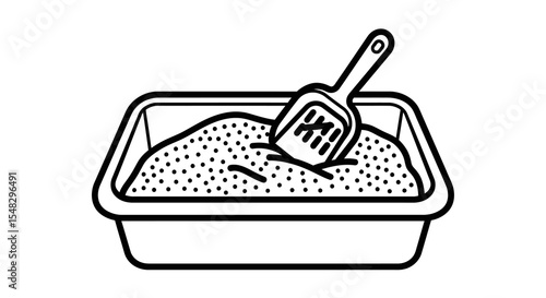 Black and White Cat Litter Box with Scoop Illustration