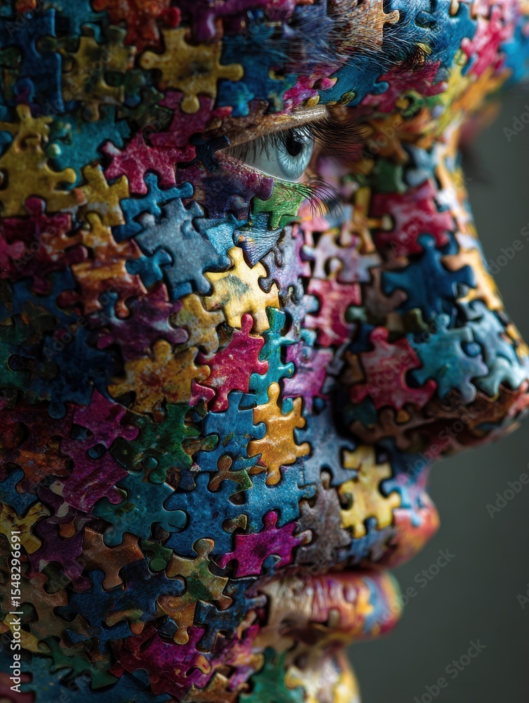 Fototapeta premium Close-up of a boy's head. Multi-Coloured jigsaw puzzle pieces cover the top of the head. Autistic theme