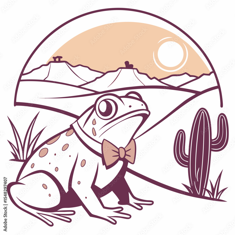 Fototapeta premium Shy Frog with wearing a bowtie, set in a charming Desert sunset theme – Sundown Glow color vector art