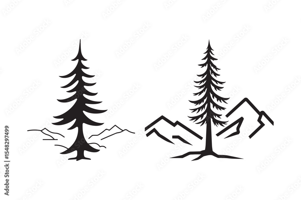 Obraz premium Minimalist Pine Tree and Mountain Silhouette Vector Set