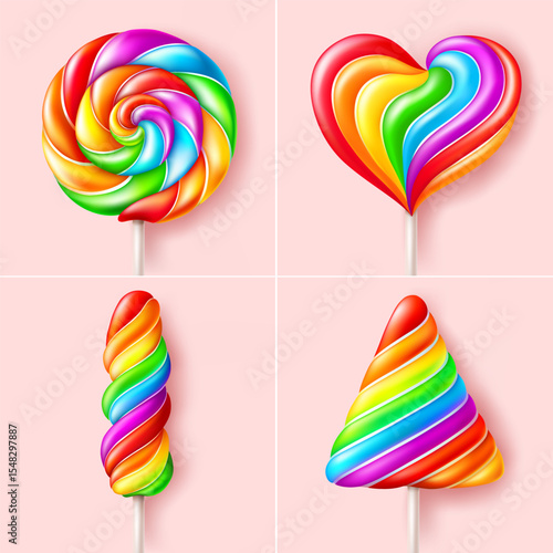 Set of striped colorful lollipops. rainbow color candy different shapes on stick on pink background. vector illustration.