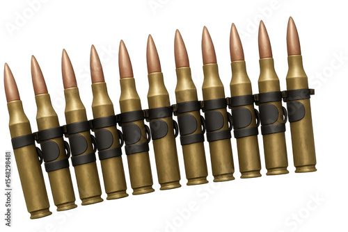 Bullets linked together forming a cartridge belt on transparent background