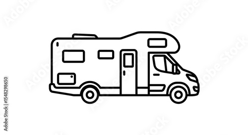 Black and White Line Art Motorhome Illustration on White Background