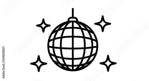 Black Outline Disco Ball Icon with Sparkling Stars, Party Decoration Graphic