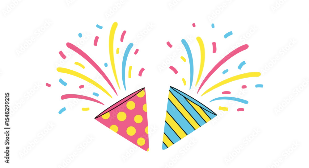 Obraz premium Colorful Party Poppers Exploding with Confetti on White Background
